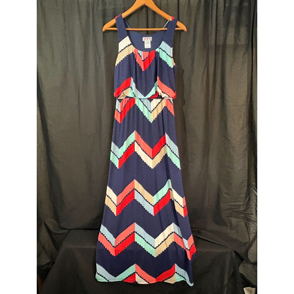 Three Pink Hearts Trixxi Chevron Maxi Dress M Navy Coral Mint